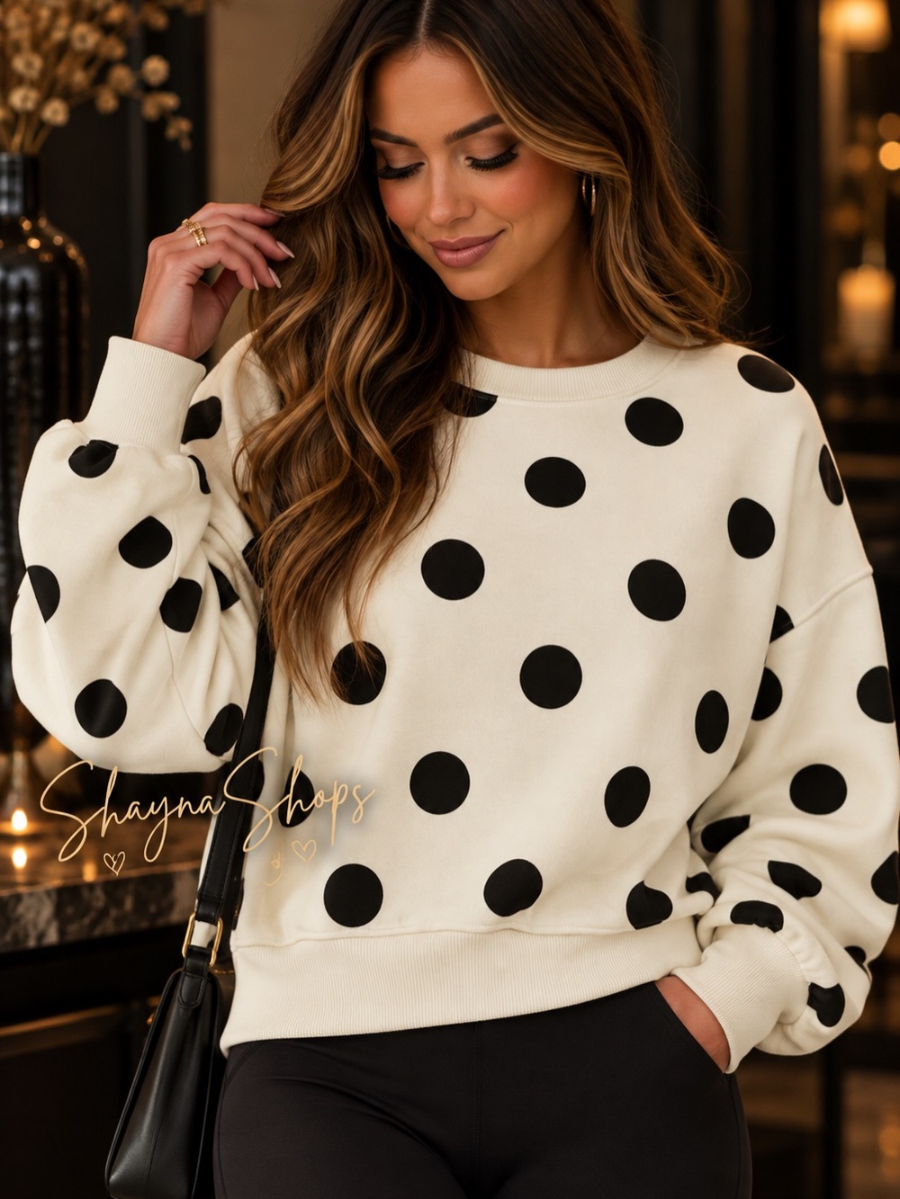 Shipping delay‼️ Veveret Premium Cream and Black Polka Dot Sweatshirt